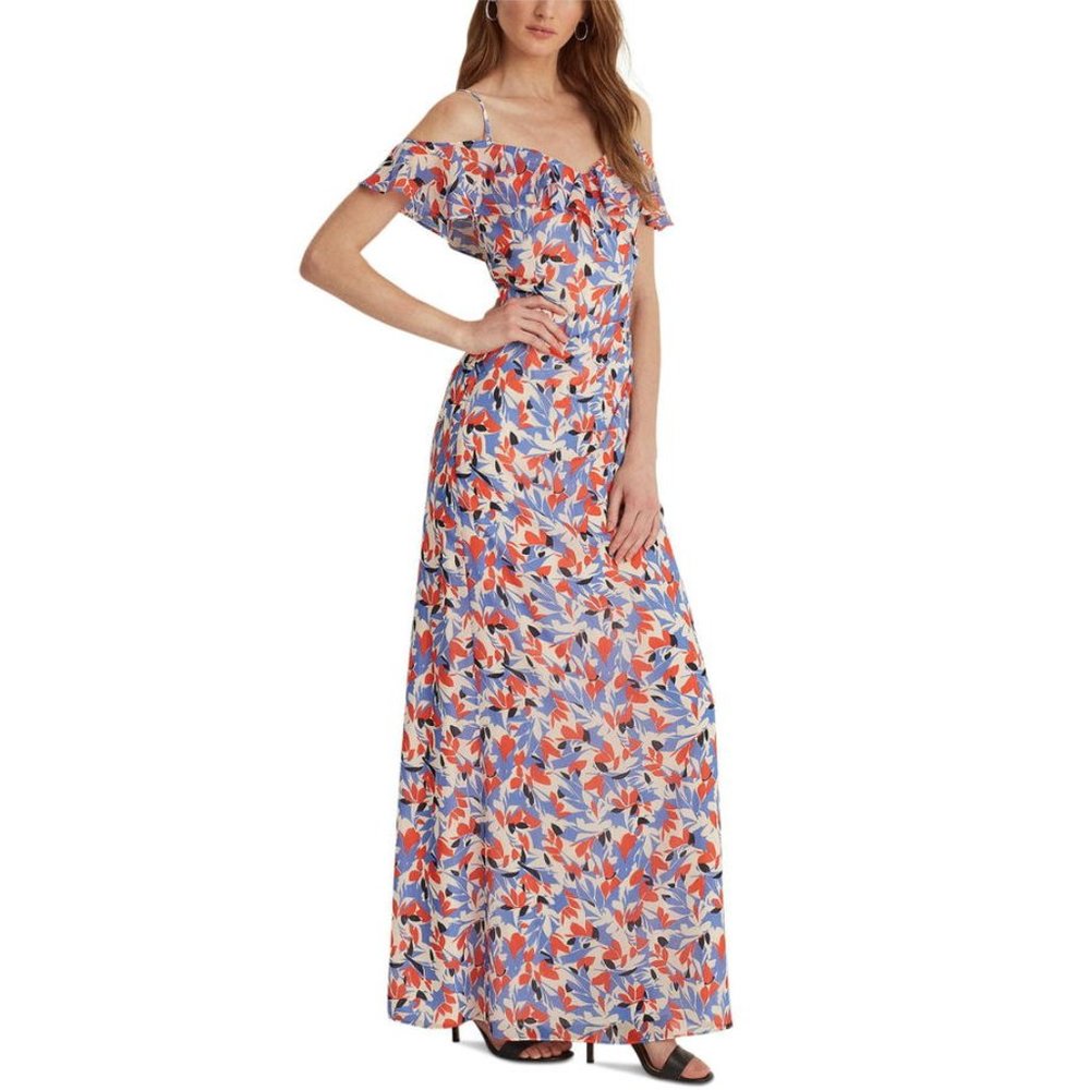 Lauren Ralph Lauren Floral Print Ruffled V-Neck Short Sleeve Cold Should…